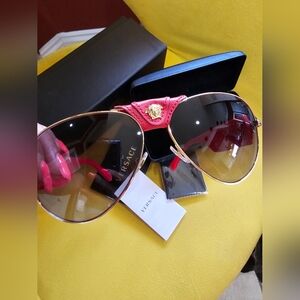 Brand New Versace Red leather wrapped sunglasses aviators hot 🔥!!